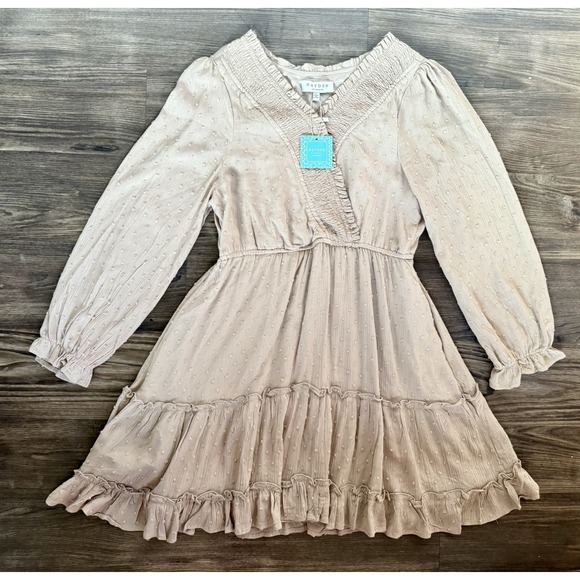 NWT Hayden Los Angeles Beige Tan Lace Ruffles Dress Size Large‎ - Picture 1 of 9
